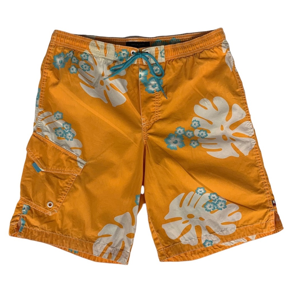 Vintage Tommy Hilfiger Orange White Turquoise Floral Drawstring Swim Trunks MD